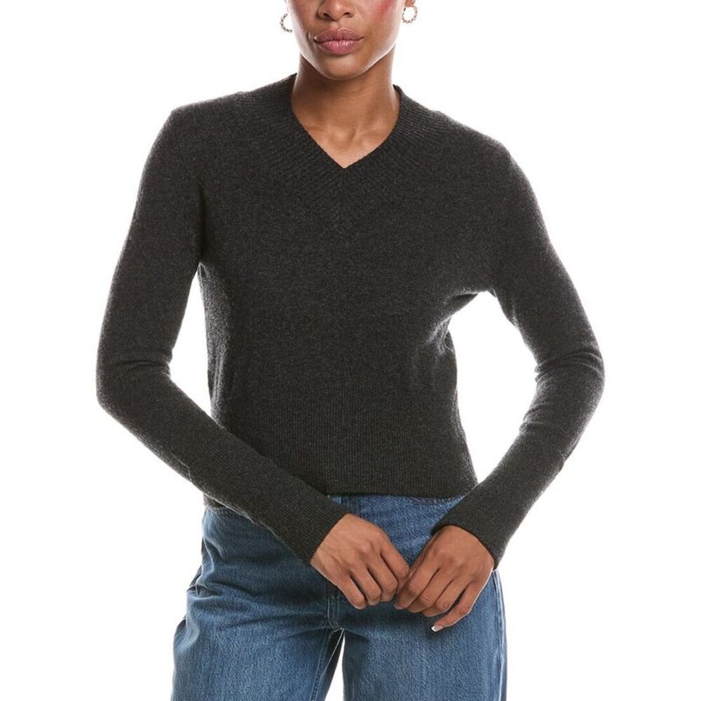 Autumn Cashmere Womens V-Neck High Cuff 100% Cashmere Sweater, Black